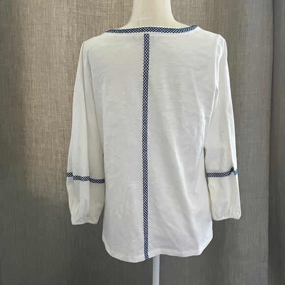 Boden Split Neck Tassel Front Embroidered Tunic Boho Top White Blue Medium - Picture 5 of 7